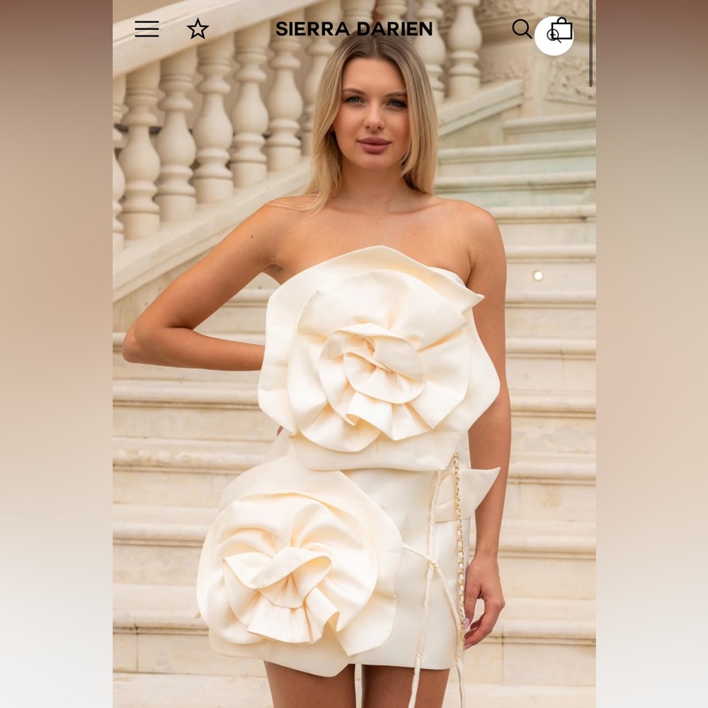 Elegant Strapless Floral Cream Dress